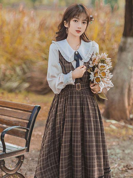 Image of Camicette Lolita accademiche Camicia Lolita con fiocco e maniche lunghe bianche con volant e volant