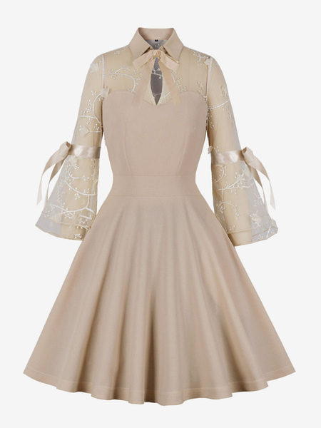 Image of Abito vintage anni &#39;50 stile Audrey Hepburn albicocca stampa floreale pizzo maniche lunghe colletto alla coreana abito Rockabilly