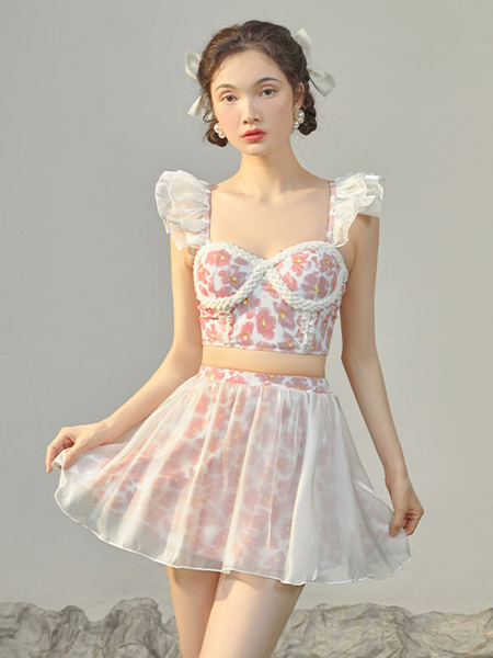 Image of Abiti Sweet Lolita Top senza maniche con stampa floreale con volant rosa