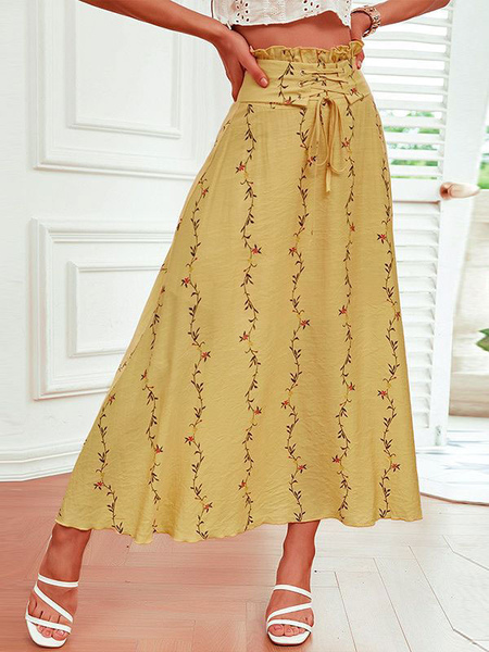Image of Gonna da donna Pantaloni da donna con coulisse in vita lunga stampata con lacci gialli