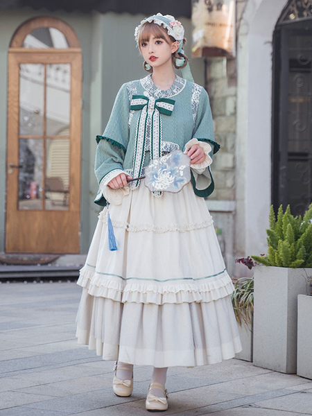 Image of Abiti Lolita in stile cinese Top con gonna a maniche lunghe in pizzo con fiocco verde chiaro