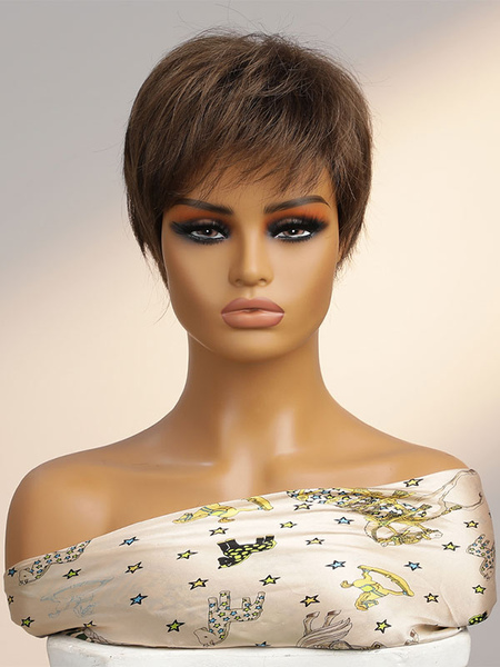 Image of Parrucche sintetiche Parrucca corta arruffata capelli lisci marrone caffè per donna