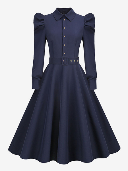 Image of Abito vintage anni &#39;50 Stile Audrey Hepburn Abito Rockabilly a maniche lunghe blu scuro con colletto rovesciato