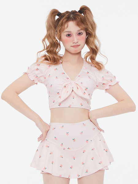 Image of Sweet Lolita Outfit Top con pantaloni a maniche corte con stampa floreale rosa