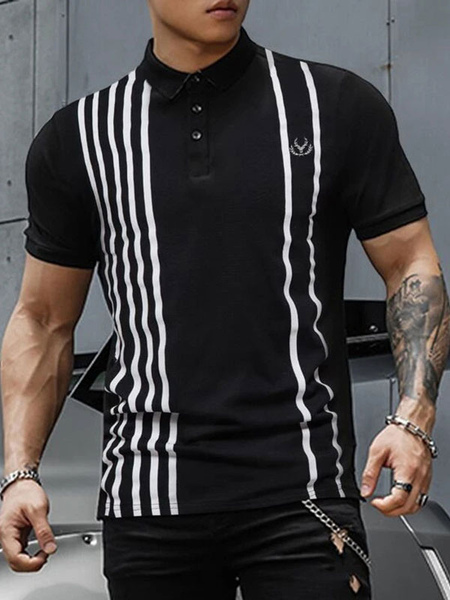 Image of Polo da uomo stampata collo a punta maniche corte vestibilità regolare polo moda nera
