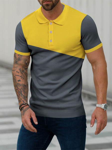 Image of Polo da uomo stampata colletto rovesciato maniche corte vestibilità regolare polo alla moda gialle