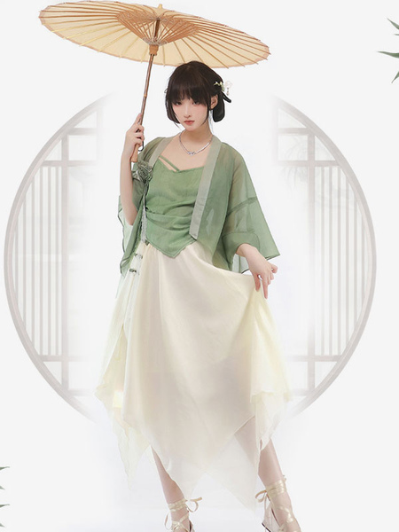 Image of Abiti Lolita in stile cinese Top con gonna lunga soprabito a maniche lunghe verde