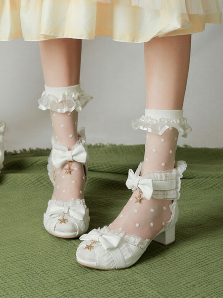 Image of Sandali Lolita stile ROCOCO Scarpe estive Lolita peep toe in pelle con stampa stelle in pizzo con fiocchi bianchi