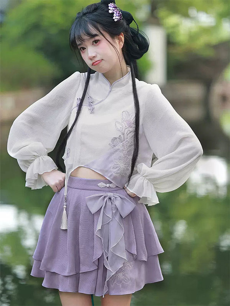 Image of Abiti Lolita in stile cinese Top con gonna a maniche lunghe con frange viola intenso con stampa floreale