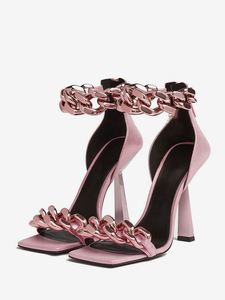 Image of Sandali con tacco alto rosa Scarpe da ballo con cinturino alla caviglia con design a catena metallica