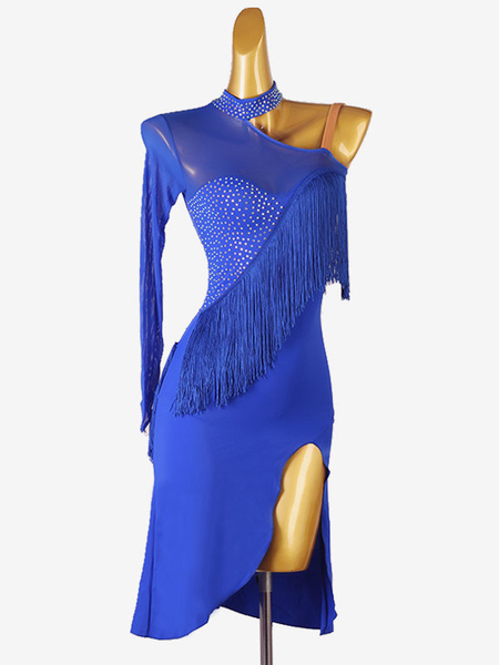 Image of Costume da ballo latino Abito da donna in lycra spandex blu reale Abito da ballo con frange di strass eleganti senza schienale