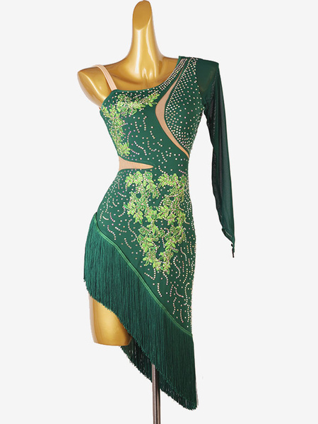 Image of Abiti da ballo latini Costume da ballo in lycra spandex sexy con frange di strass da donna verde scuro