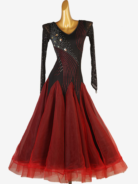Image of Costumi da ballo da sala Abito da ballo elegante in lycra spandex da donna rosso nero Abito da ballo con strass