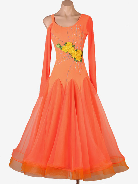 Image of Costumi da ballo da sala Abito da ballo in lycra spandex da donna arancione Abbigliamento da ballo con fiori