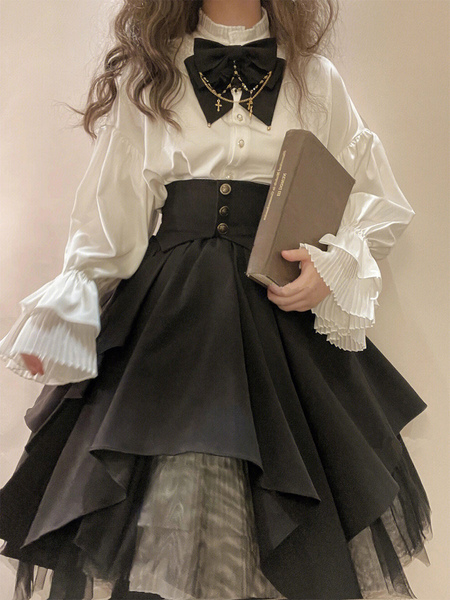 Image of Steampunk Lolita Outfit Top con gonna a maniche lunghe a pieghe nere