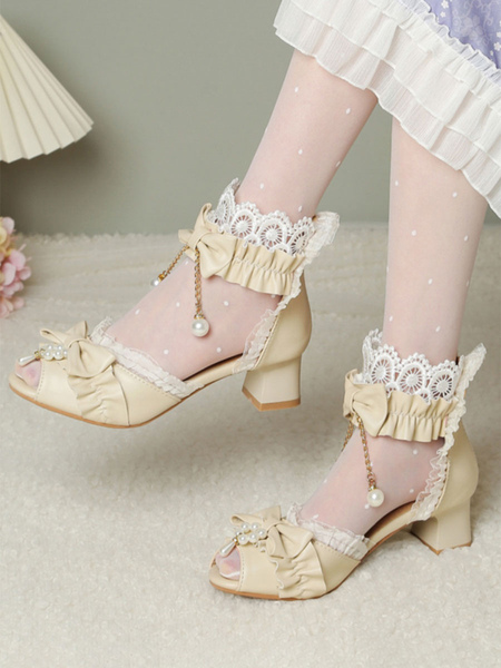 Image of Sandali Lolita stile ROCOCO Scarpe estive Lolita peep toe in pelle PU con fiocchi bianchi ecru
