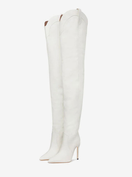 Image of Stivali alti alla coscia bianchi Stivali western da donna a punta sopra il ginocchio