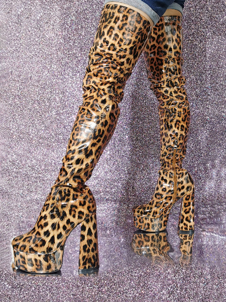 Image of Stivali alti alla coscia sexy Stivali con tacco alto sopra il ginocchio con plateau leopardato