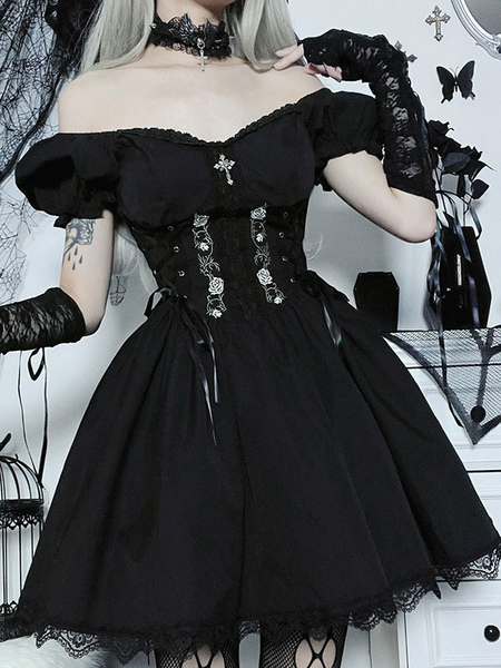 Image of Abito punk gotico con spalle scoperte e maniche corte abito corto Lolita con finiture in pizzo