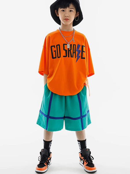 Image of Costumi di danza hip-hop Set di pantaloni unisex arancione per bambini Costume da ballo di strada in cotone hip-hop