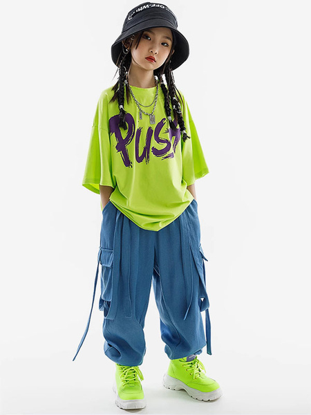 Image of Costumi di danza hip-hop Set di pantaloni unisex verde erba per bambini Costume da ballo di strada in cotone hip-hop