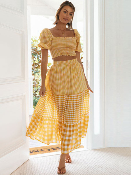 Image of Set gonna giallo elegante plaid Resort indossare due set di pezzi