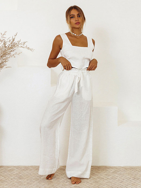 Image of Set di pantaloni bianco casual quotidiano casual con lacci in cotone e lino in due pezzi