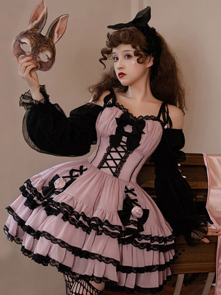 Image of Abiti Lolita gotici con volant e fiori. Abito da principessa con maniche a lanterna per ragazza piccante