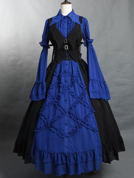 Image of Camicette Gothic Lolita Top Lolita Camicetta a maniche lunghe con volant Camicia Lolita blu