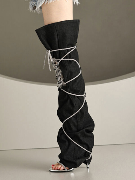 Image of Stivali sopra il ginocchio neri Stivali estivi con lacci progettati con strass