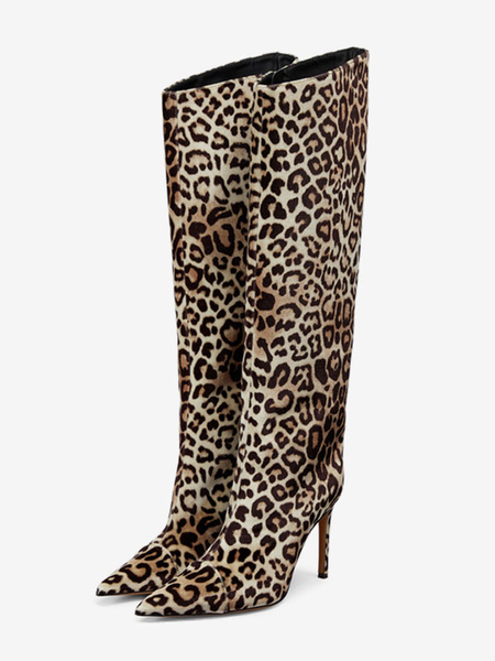 Image of Stivali larghi al polpaccio in pelle scamosciata da donna Stivali alti al ginocchio con tacco alto leopardati