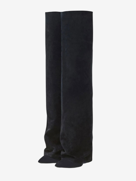 Image of Stivali sopra il ginocchio Stivali morbidi con punta a punta nera in pelle scamosciata con tacco a spillo