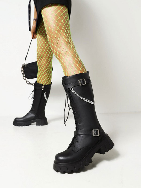 Image of Stivali da donna a metà polpaccio con punta tonda e tacco grosso in pelle PU con dettagli in metallo