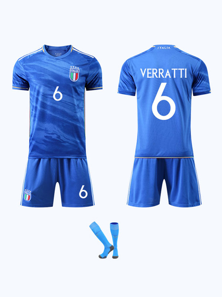 Image of Maglia Calcio Italia Floccaggio No.6 VERRATTI Ragazzo Bambino Adulto Sportswear Uomo 4 Pezzi Maniche Corte Blu