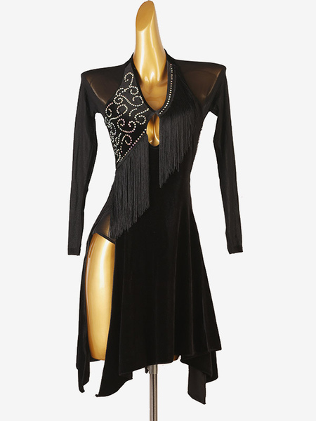 Image of Costume da ballo latino Abito in lycra spandex da donna nero Elegante costume da ballo latino