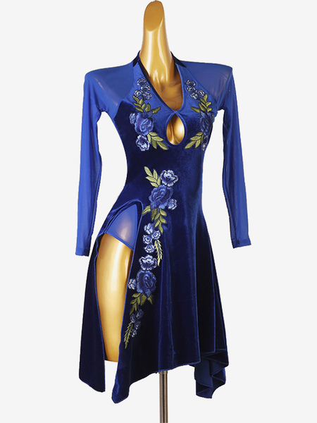 Image of Abiti da ballo latino Abito da donna in lycra spandex blu royal Elegante costume da ballo latino
