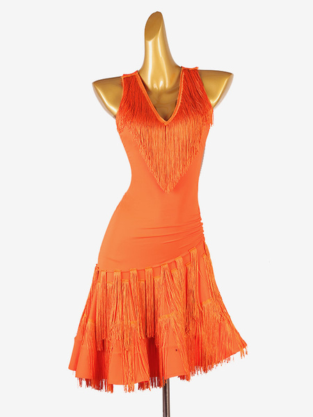 Image of Abiti da ballo latino Arancione Costume da ballo per ballerino latino con frange in lycra spandex da donna