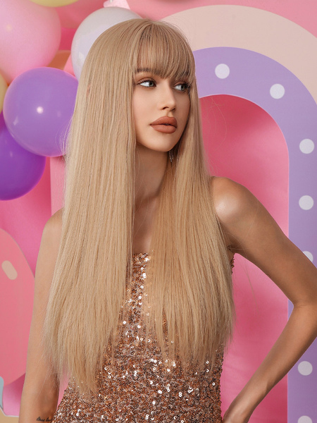 Image of Parrucca lunga Barbie Parrucche sintetiche da donna in rayon con frange smussate oro chiaro