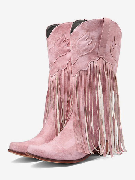 Image of Stivali western rosa in pelle scamosciata Stivali da cowgirl con nappine a punta da donna