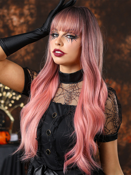 Image of Parrucca rosa lunga riccia con frange smussate a strati in maschera per Halloween