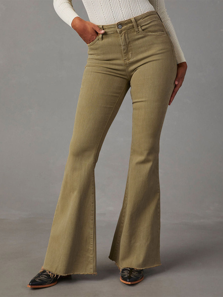 Image of Pantaloni svasati Jeans a tinta unita con cerniera a vita alta per donna