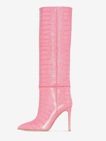 Image of Stivali alti al ginocchio rosa Stivali con tacco alto a punta con motivo coccodrillo
