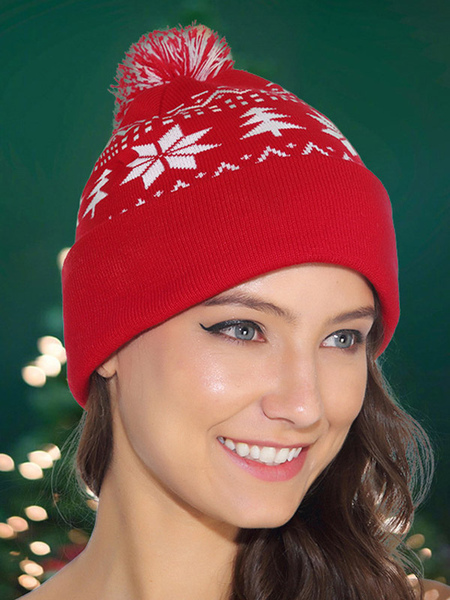 Image of Cappelli con pon pon Cappello da donna natalizio con fiocco di neve in rosso