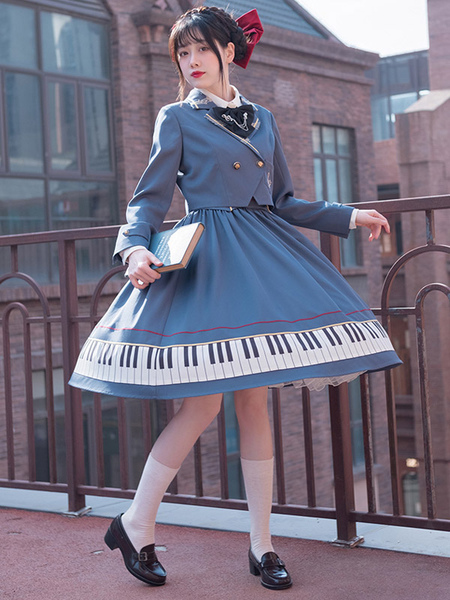 Image of Abiti da Lolita accademica Cravatta con gonna soprabito a maniche lunghe a righe blu