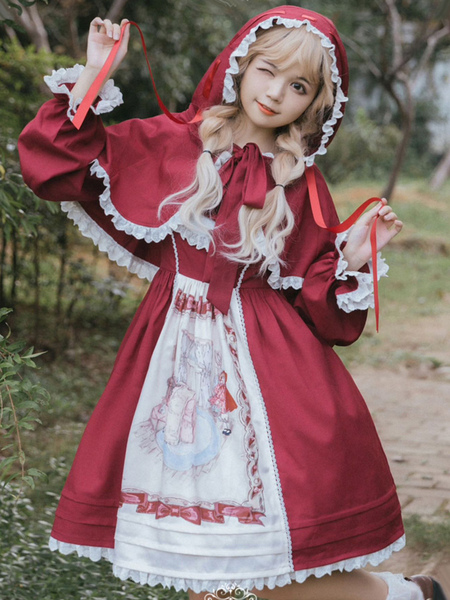 Image of Poncho Lolita stile ROCOCO Rosso in poliestere con fiocchi Capispalla invernali Lolita