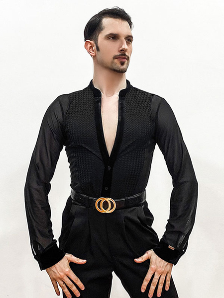 Image of Costume da ballo latino da ballo Nero da uomo in poliestere sexy Top latino Abbigliamento da ballo