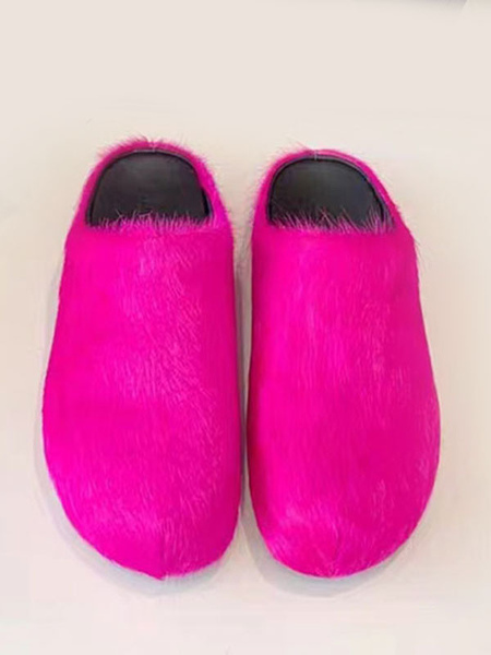 Image of Pantofole invernali da donna Pantofole con punta tonda in pelle di vitello in pelliccia sintetica