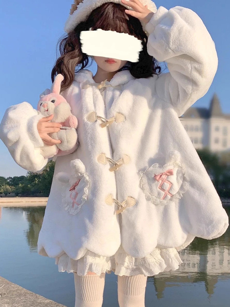 Image of Cappotti Sweet Lolita Soprabito con fiocchi bianchi Capispalla Lolita in peluche corto
