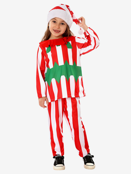 Image of Set Natale Pantaloni rossi Cappello Top Strisce di poliestere Costumi per le vacanze di Natale