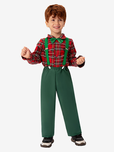 Image of Set pantaloni verdi natalizi cravatta top in poliestere scozzese costumi per le vacanze di Natale